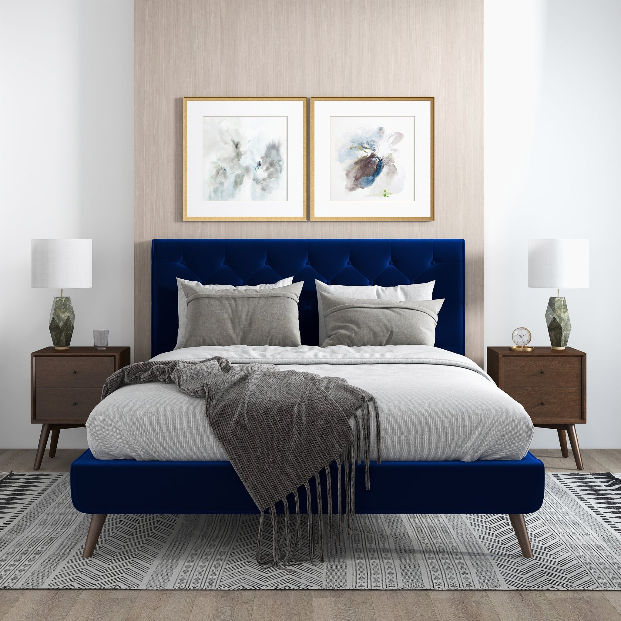 Dillon Blue Velvet Platform Bed (Queen Size)