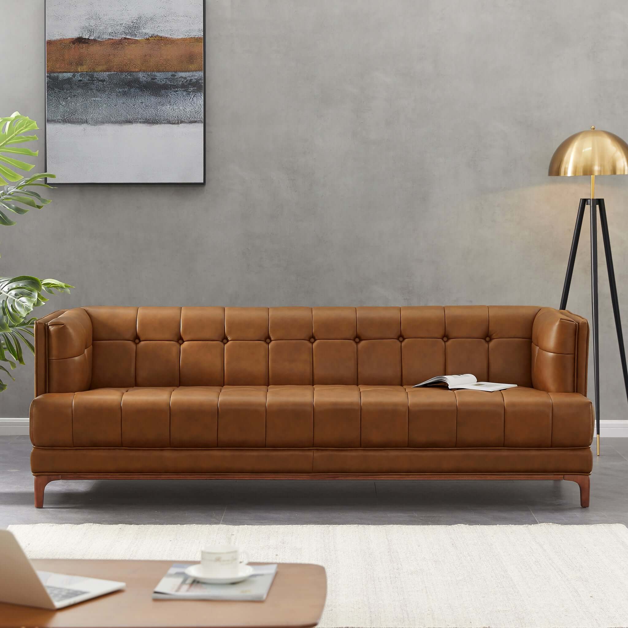 Mara  Tufted Cognac Leather Sofa