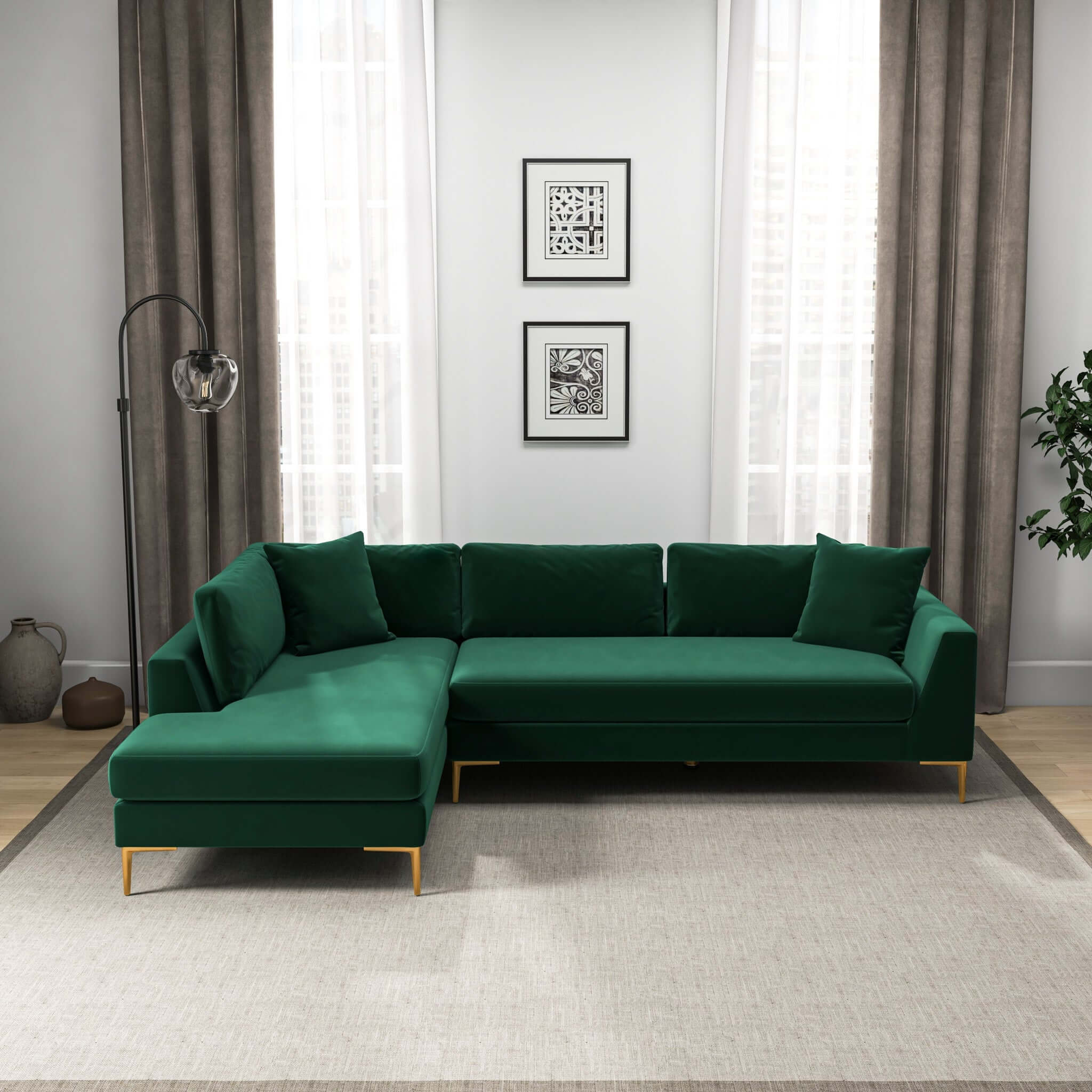 Mano  L-Shaped Velvet Sectional Sofa In Green Left Facing