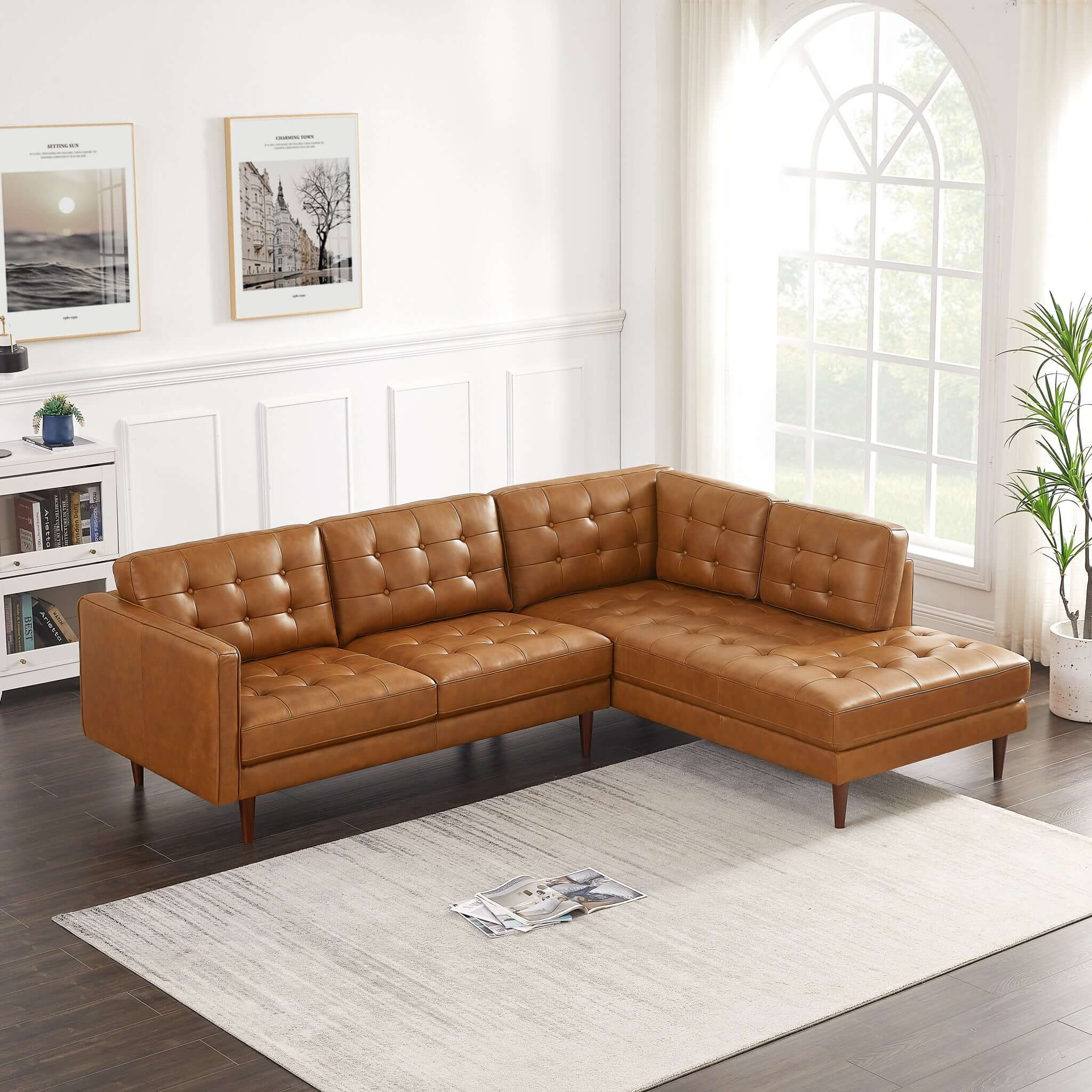 Lucco  Genuine Leather Sectional In Cognac Tan Right Facing